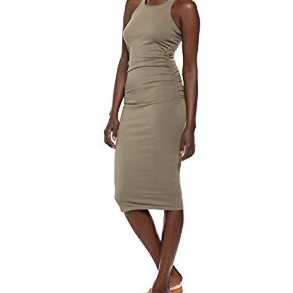 Michael Stars Womens Ruched Side Racerback Vivian Midi Dress Olive Taupe S - Picture 1 of 7